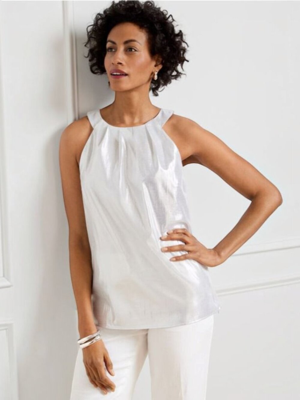 Talbots Metallic Halter Top Silver Pleated Neck Sleeveless Blouse Size 6 NWT
